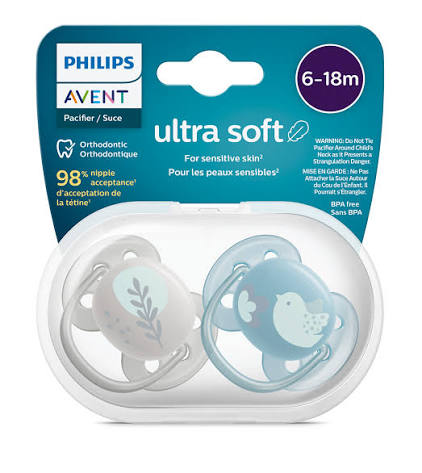 پستانک ارتودنسی 1 عددی ۶تا۱۸ ماه الترا سافت ultra soft فیلیپس اونت philips avent طرح پرنده و گل
