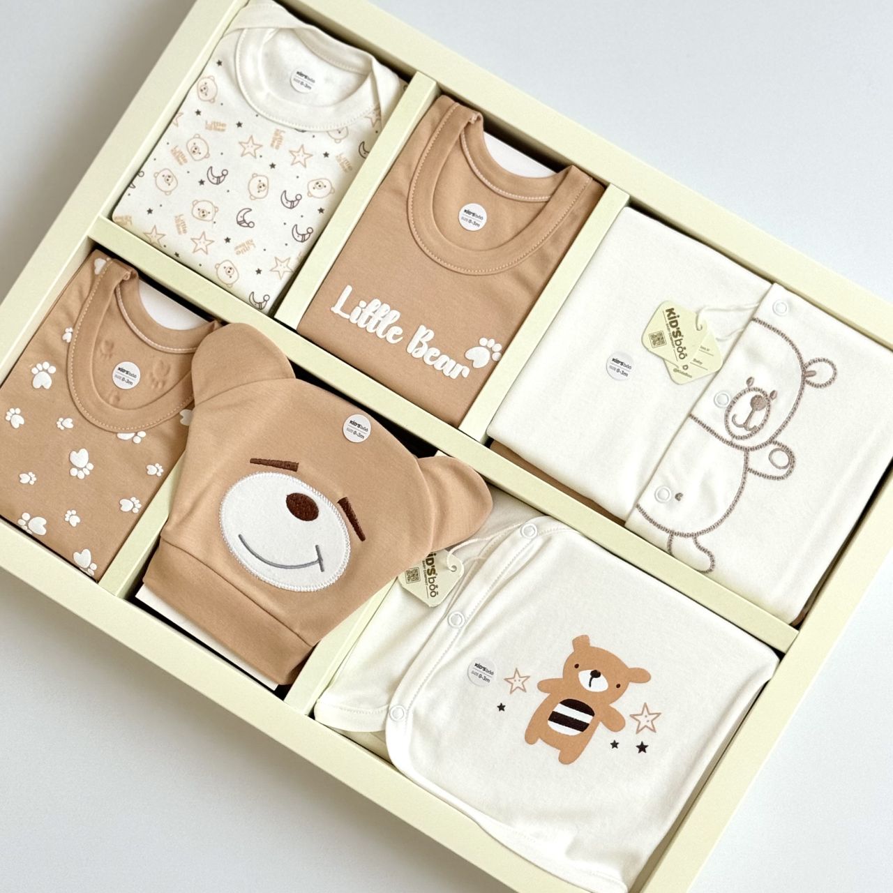 ست لباس ۱۹ تیکه نوزادی کیدزبو kidsboo سرهمی دار ۱۰۰٪ نخ پنبه طرح خرس قهوه ای