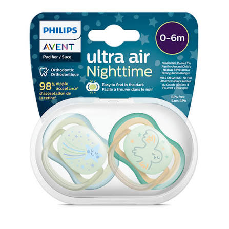 پستانک ارتودنسی ۰تا۶ ماه شبرنگی (شب تاب) 2 عددی الترا ایر ultra air فیلیپس اونت philips avent طرح پرنده و ستاره