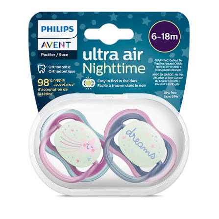 پستانک ارتودنسی 6تا18 ماه شبرنگی (شب تاب) 2 عددی الترا ایر ultra air فیلیپس اونت philips avent طرح رویا و ستاره