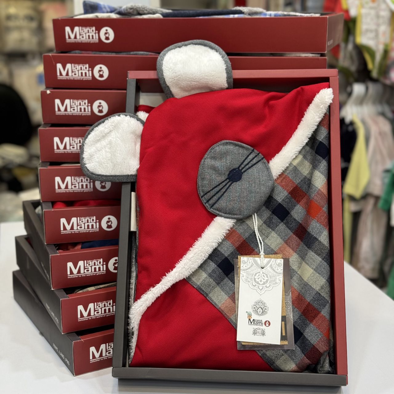 پتو نوزاد و کودک دورپیچ کلاه دار مدل پیچازی مامی لند mamiland طرح موش