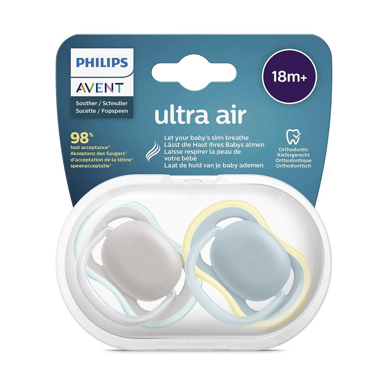 پستانک ارتودنسی 2 عددی الترا ایر ultra air بالای ۱۸ ماه فیلیپس اونت philips avent طرح آبی و طوسی