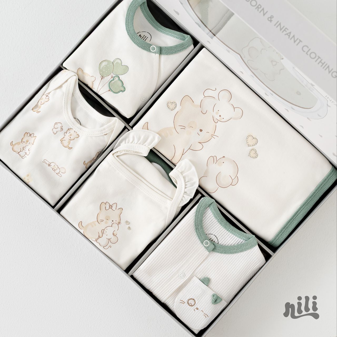 ست لباس سیزده ۱۳ تیکه نوزادی نیلی nili طرح موش و گربه