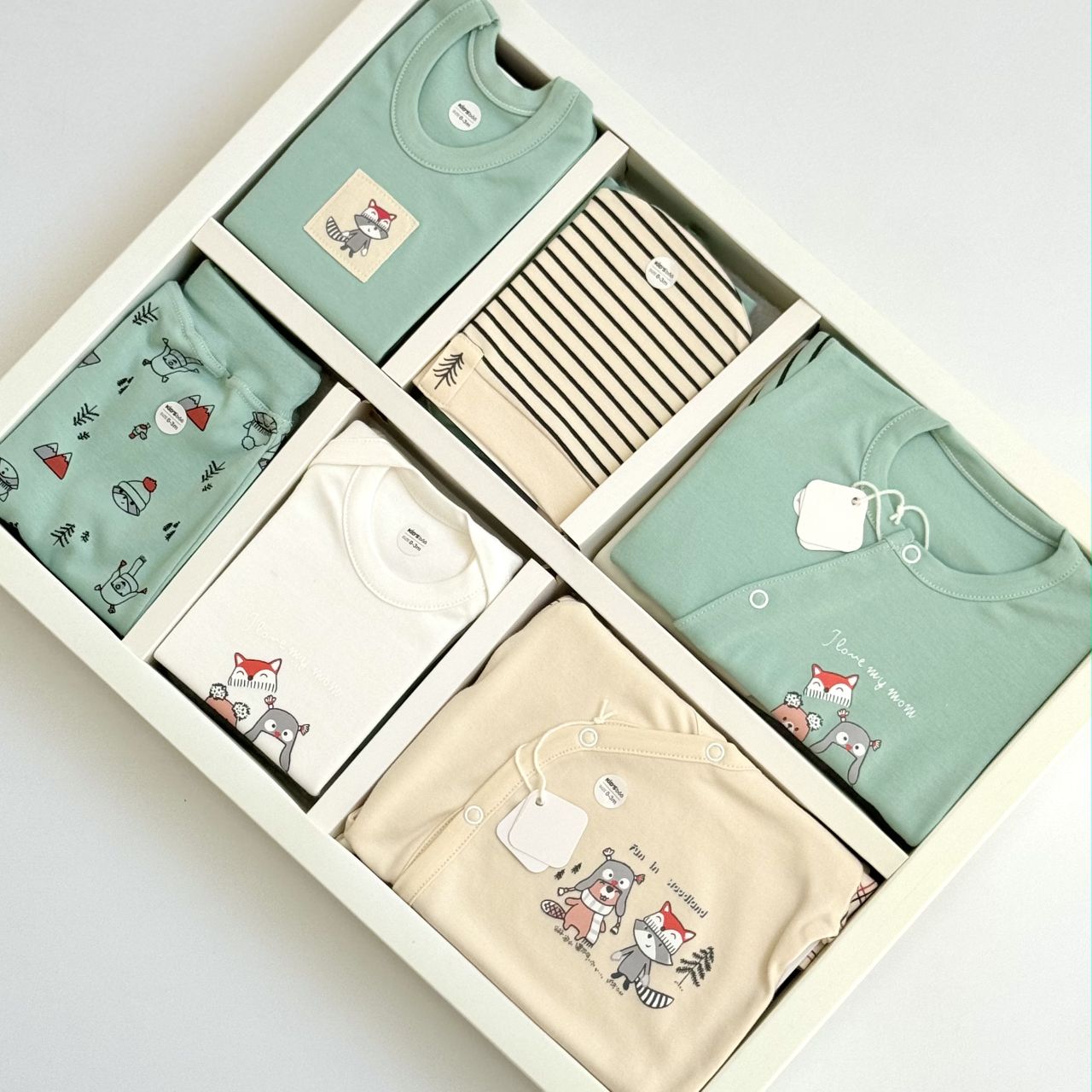 ست لباس ۱۹ تیکه نوزادی کیدزبو kidsboo سرهمی دار ۱۰۰٪ نخ پنبه طرح راکون
