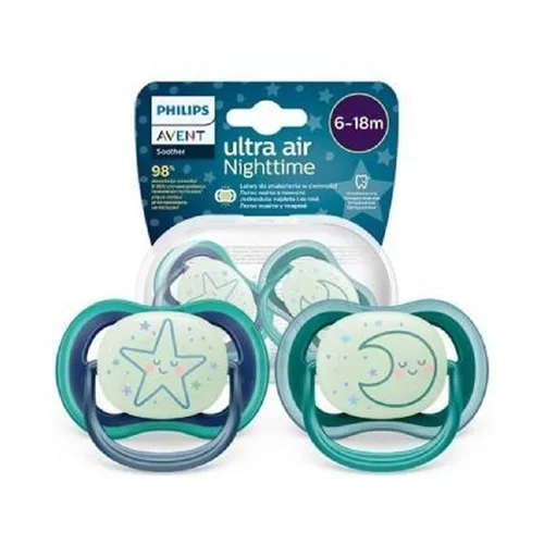 پستانک ارتودنسی بادامی دوتایی ۶تا۱۸ ماهگی شبرنگی الترا ایر فیلیپس اونت philips avent کدscf376/13