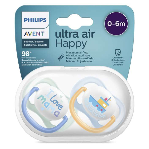 پستانک ارتودنسی 0تا6 ماه 2 عددی الترا ایر ultra air فیلیپس اونت philips avent طرح قایق و ای لاو ماما