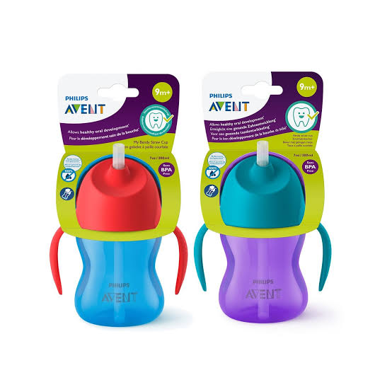 لیوان نی دار ۲۰۰ میلی لیتر ضد چکه دسته دار فیلیپس اونت philips avent رنگ آبی و بنفش