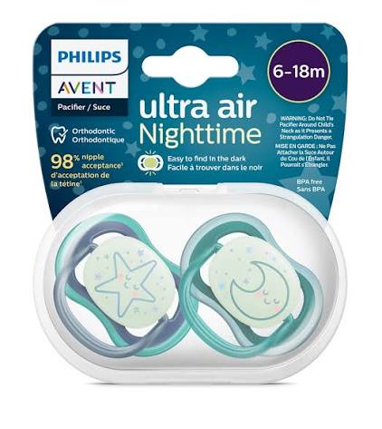 پستانک ارتودنسی 6تا18 ماه شبرنگی (شب تاب) 2 عددی الترا ایر ultra air فیلیپس اونت philips avent طرح ماه و ستاره