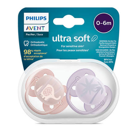 پستانک ارتودنسی 2 عددی ۰تا۶ ماه الترا سافت ultra soft فیلیپس اونت philips avent طرح درخت و فیل