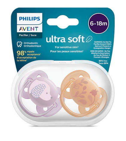 پستانک ارتودنسی 1 عددی ۶تا۱۸ ماه الترا سافت ultra soft فیلیپس اونت philips avent طرح هاپو و گل
