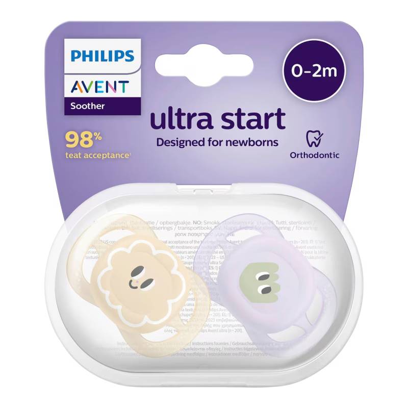 پستانک ارتودنسی 0تا2 ماه 1 عددی الترا استارت ultra start فیلیپس اونت philips avent طرح بنفش و کرم