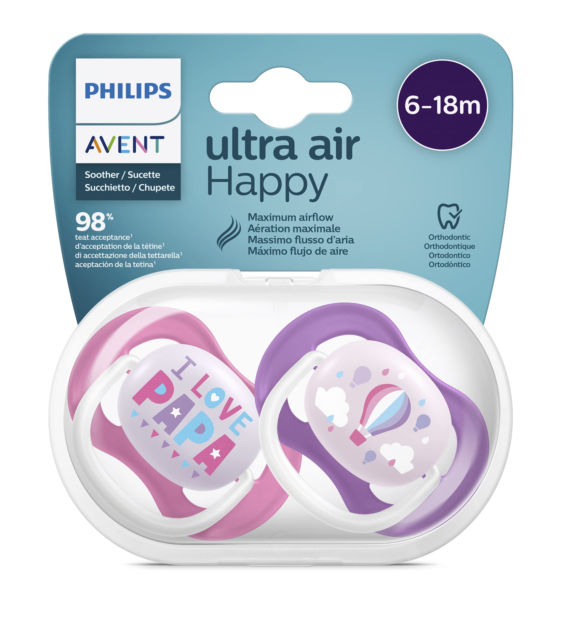 پستانک ارتودنسی 6تا18 ماه 1 عددی الترا ایر ultra air فیلیپس اونت philips avent طرح بالون و ای لاو پاپا