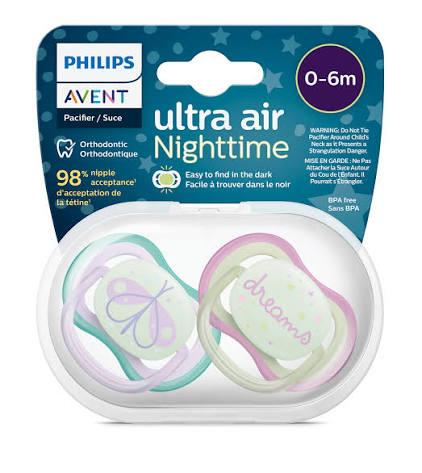 پستانک ارتودنسی ۰تا۶ ماه شبرنگی (شب تاب) 2 عددی الترا ایر ultra air فیلیپس اونت philips avent طرح پروانه و رویا