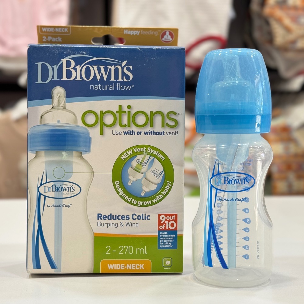 شیشه شیر طلقی ۲۷۰ میل عریض آبی دونه ای دکتر براون(براونز) Dr browns با سرشیشه پهن ۱ قطره