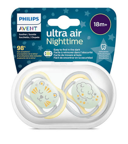 پستانک ارتودنسی شبرنگی (شب تاب) 1 عددی الترا ایر ultra air بالای ۱۸ ماه فیلیپس اونت philips avent طرح گربه و ابر