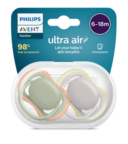 پستانک ارتودنسی 6تا18 ماه 2 عددی الترا ایر ultra air فیلیپس اونت philips avent طرح سبز و طوسی