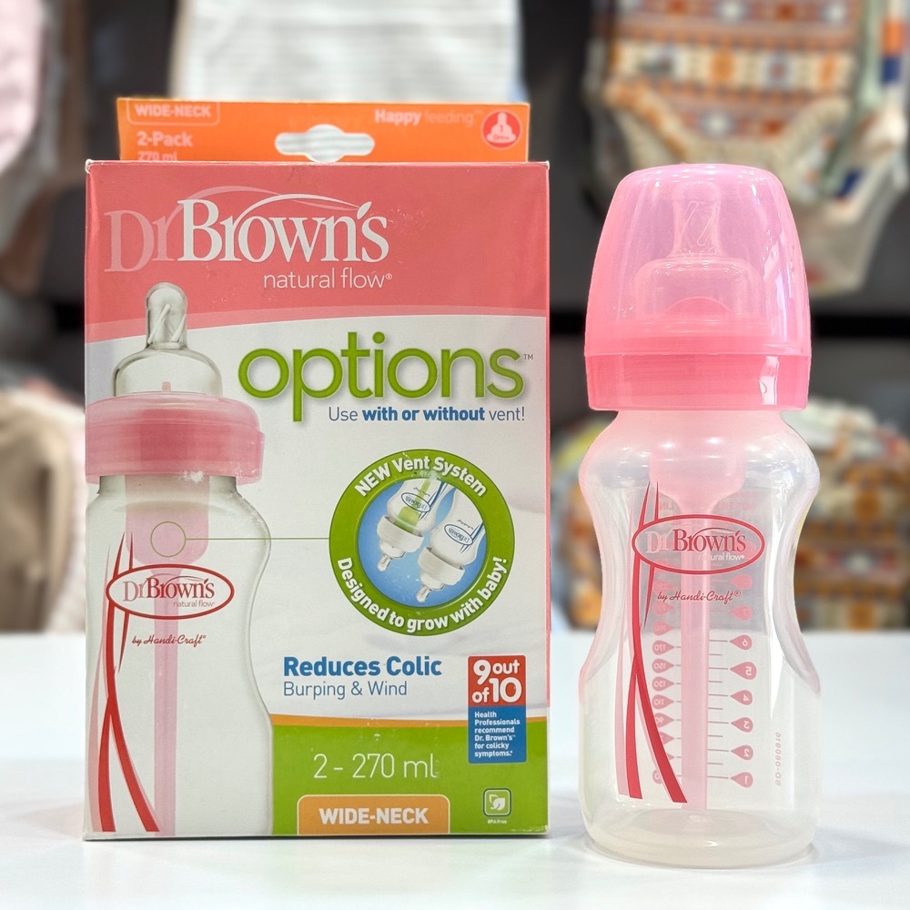 شیشه شیر طلقی ۲۷۰ میل عریض صورتی دونه ای دکتر براون(براونز) Dr browns با سرشیشه پهن ۱ قطره