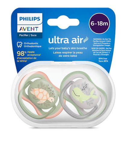 پستانک ارتودنسی 6تا18 ماه 1 عددی الترا ایر ultra air فیلیپس اونت philips avent طرح لاک پشت و نهنگ